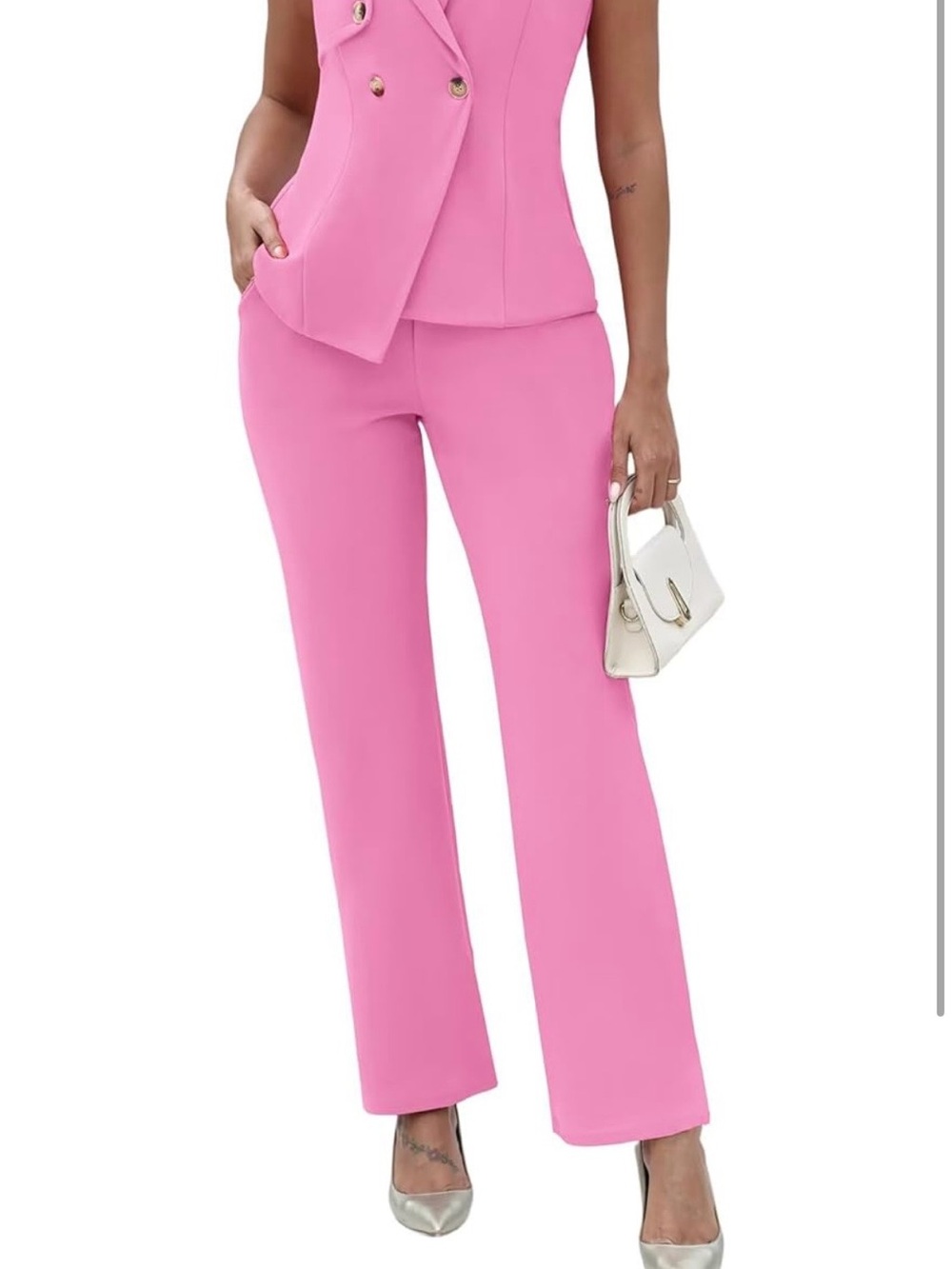 Women's Pink Tailored High-Waist Straight-Leg Jumpsuit Pants - Picture 2 of 4